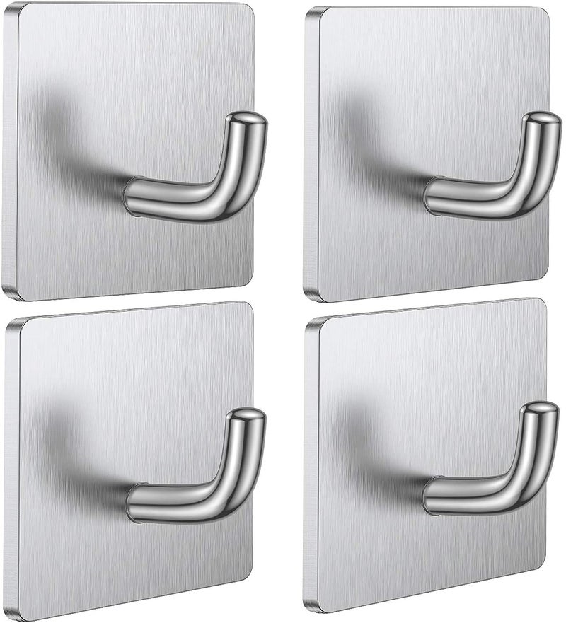 JIALTO Adhesive Hooks, Wall Hanger Towel Hooks, Heavy Duty Wall Hooks for Hanging Ideal for Bathroom Shower Kitchen Home Door Closet Cabinet Stainless Steel - 4Packs - Image 1