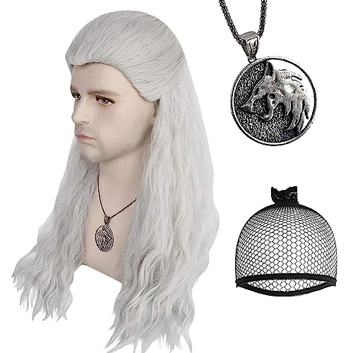 ANOGOL Anogol Hair Cap+( 1 Necklace ) Silver White Wig Cosplay for Men Long Silver White Wavy Wigs with Necklace Costume Wig for Halloween 