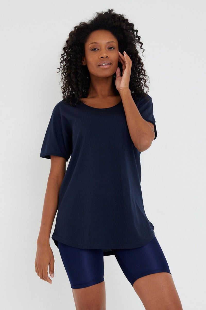 Cool Tarz Cool Style Style Cool Women Navy Blue Sloppy Collar Loose T-SHIRT-XKTCPS001R14S  - Image 1