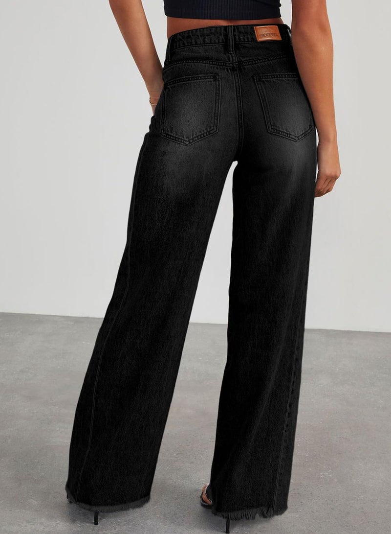 Sidefeel Women's High Waisted Jeans Stretchy Raw Hem Straight Leg Denim Pants Size 12 Black - Image 2
