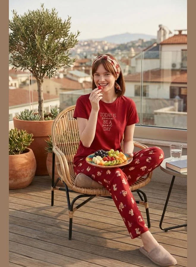 ليلا Lela Cotton Regular Fit Patterned Crew Neck Pajama Set Women's PAJAMA SET 65790784