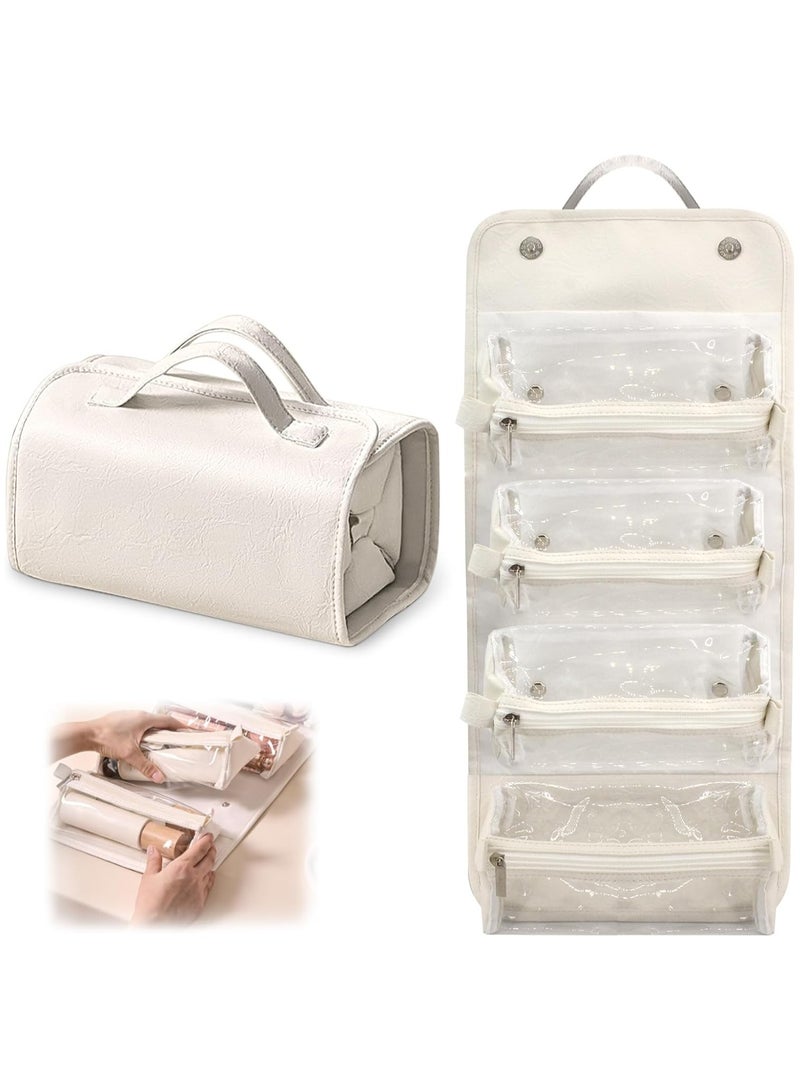 حقيبة سفر ماكياج جلد مقاوم للماء مع 4 مقصورات واضحة قابلة للفصل ، القابلة للطي مسطحة وضعت معلقة المنظم لمستحضرات التجميل ، تخزين محمول بسعة كبيرة للنساء (أبيض) - Image 1