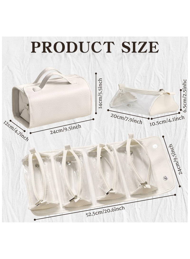 حقيبة سفر ماكياج جلد مقاوم للماء مع 4 مقصورات واضحة قابلة للفصل ، القابلة للطي مسطحة وضعت معلقة المنظم لمستحضرات التجميل ، تخزين محمول بسعة كبيرة للنساء (أبيض) - Image 2