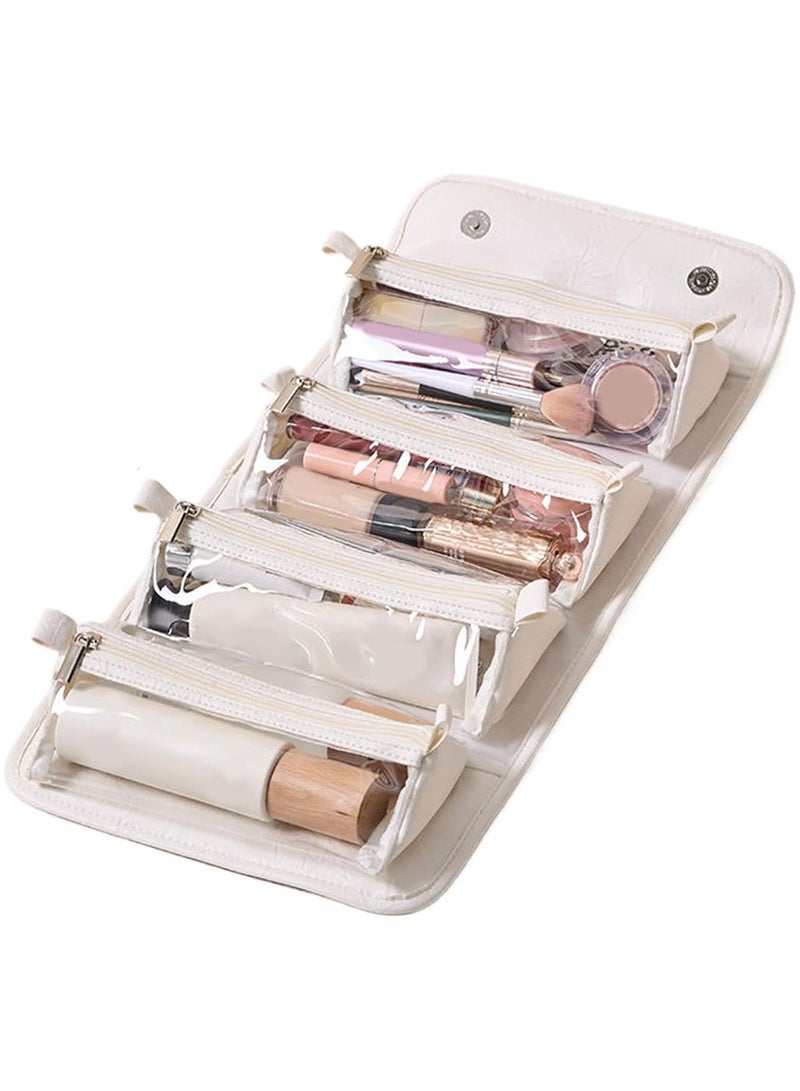 حقيبة سفر ماكياج جلد مقاوم للماء مع 4 مقصورات واضحة قابلة للفصل ، القابلة للطي مسطحة وضعت معلقة المنظم لمستحضرات التجميل ، تخزين محمول بسعة كبيرة للنساء (أبيض) - Image 3