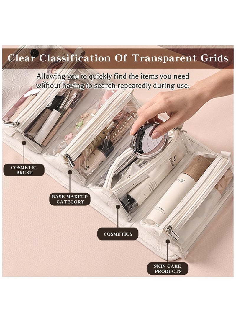 حقيبة سفر ماكياج جلد مقاوم للماء مع 4 مقصورات واضحة قابلة للفصل ، القابلة للطي مسطحة وضعت معلقة المنظم لمستحضرات التجميل ، تخزين محمول بسعة كبيرة للنساء (أبيض) - Image 4