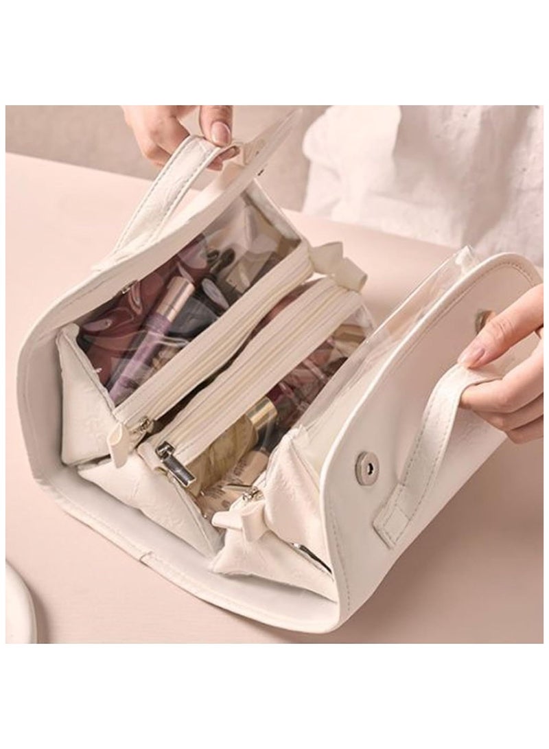 حقيبة سفر ماكياج جلد مقاوم للماء مع 4 مقصورات واضحة قابلة للفصل ، القابلة للطي مسطحة وضعت معلقة المنظم لمستحضرات التجميل ، تخزين محمول بسعة كبيرة للنساء (أبيض) - Image 5