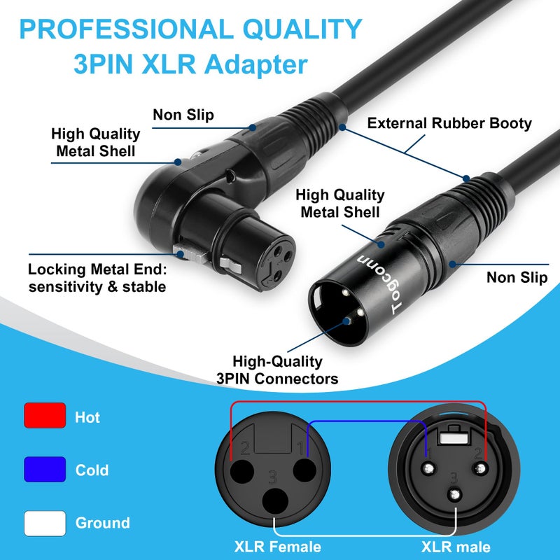 Togconn 2-Pack XLR Microphone Extension Cable Adapter 0.6 Feet, 90 Degree XLR Female to Straight Male 3-Pin Mic Connector for Speaker, Recording Studio, Mic Mixer, Audio Interface, Amplifier, More - Image 2