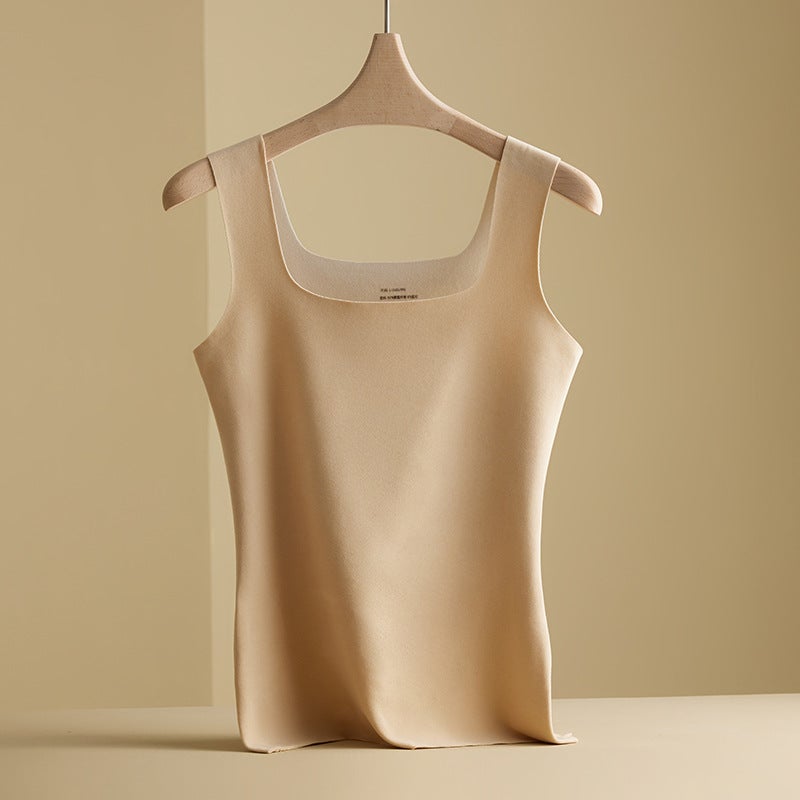 Autumn and Winter de Velvet thermal underwear womens chest pad cold-proof thermal vest heating all-match seamless wear-free bottoming shirt 2309# Khaki - Image 2