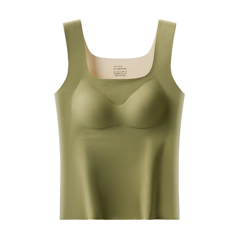 Autumn and Winter de Velvet thermal underwear womens chest pad cold-proof thermal vest heating all-match seamless wear-free bottoming shirt 2309# Khaki - Image 4
