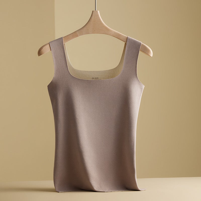 Autumn and Winter de Velvet thermal underwear womens chest pad cold-proof thermal vest heating all-match seamless wear-free bottoming shirt 2309# Khaki - Image 1