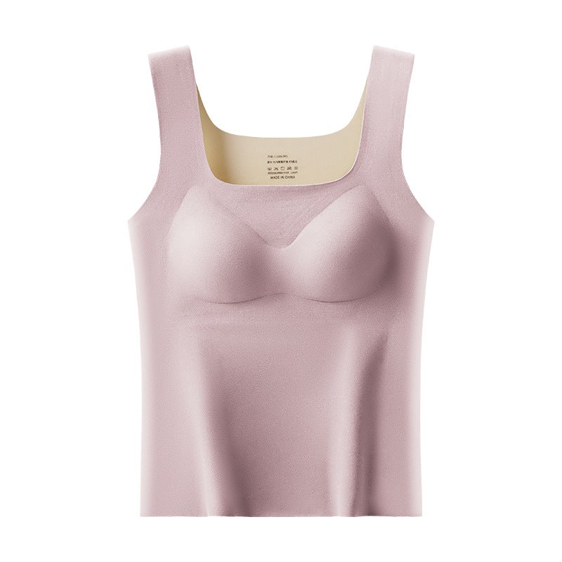 Autumn and Winter de Velvet thermal underwear womens chest pad cold-proof thermal vest heating all-match seamless wear-free bottoming shirt 2309# Khaki - Image 5