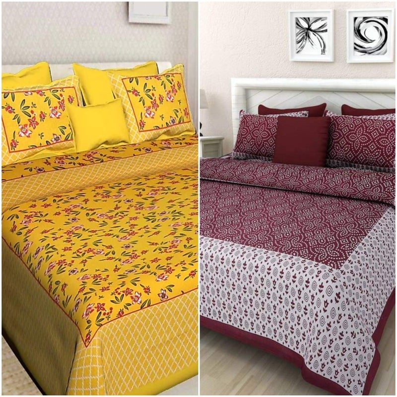 BedZone 100 Cotton Rajasthani Jaipuri King Size Printed Bedsheet Combo Double Bed Set 2 Double Bedsheet with 4 Pillow Cover Multicolor - Image 1
