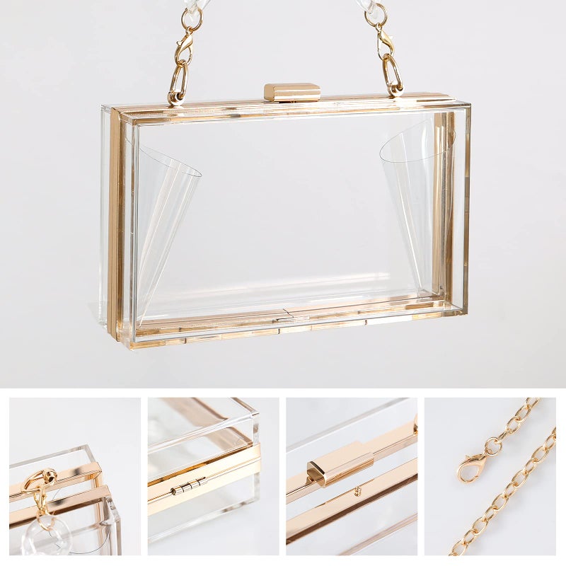 WJCD Clear Acrylic Crossbody Purse - Stadium Approved Box Clutch with Gold Chain, Small Transparent Evening Bag for Women (Transparent 2 chains) - Image 5