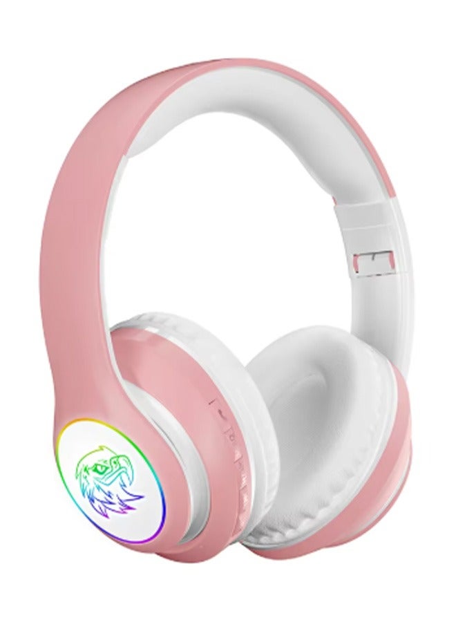 HiFi Stereo Sound Wireless Headset with RGB Lights – Over-Ear Bluetooth Headphones with Mic, Deep Bass, Noise Isolation, Foldable Design – Gaming & Music Compatible (Pink)