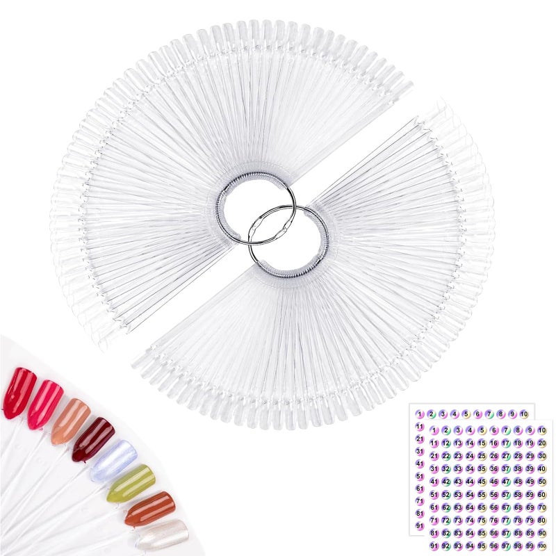 Subay 100pcs Fanshaped Nail Swatches Sticks with Number Stickers False Fake Nail Art Tips Sticks Polish Gel Salon Display Practice Tools with Metal Split Ring Holder