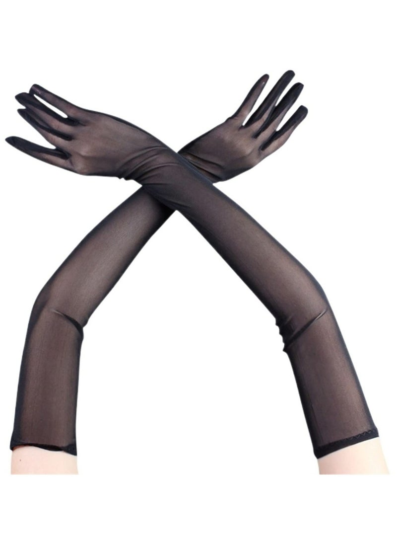 Womens Gloves Thin Lace Black Hollow Transparent Long Gloves Soft Breathable Solid Net Yarn Elasticity