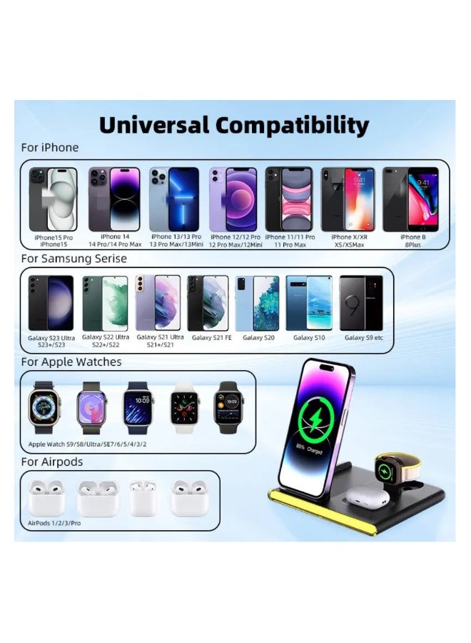 كي يو كي أتش شاحن لاسلكي مغناطيسي قابل للطي 4 في 1 متوافق مع أجهزة iPhone و Apple Watch و AirPods، محطة شحن سريع معتمدة بتقنية Qi مع ضوء ليلي LED - Image 4