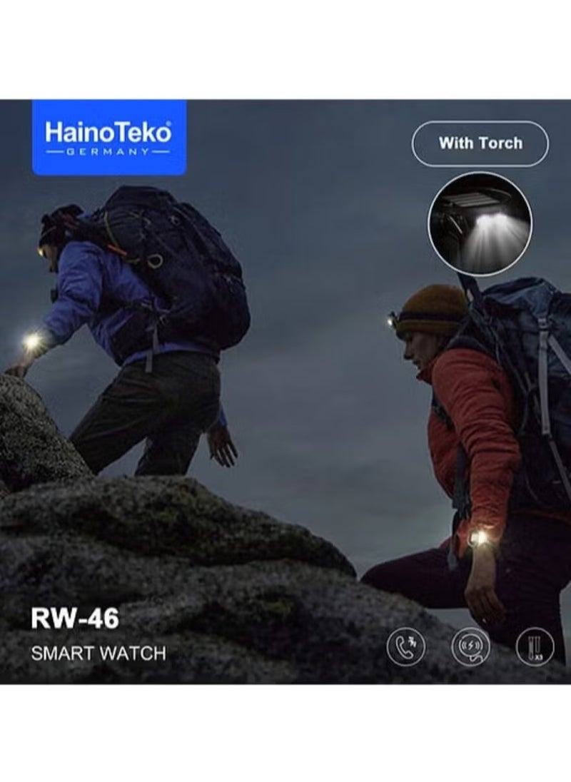 Haino Teko RW46 Round Shape AMOLED Display Smart Watch with Built--in Torch || 3 Pairs of Straps, Wireless Charger, Heart Rate Monitor, Bluetooth Calling, Waterproof – Designed for Gents & Boys (Black)  - Image 2