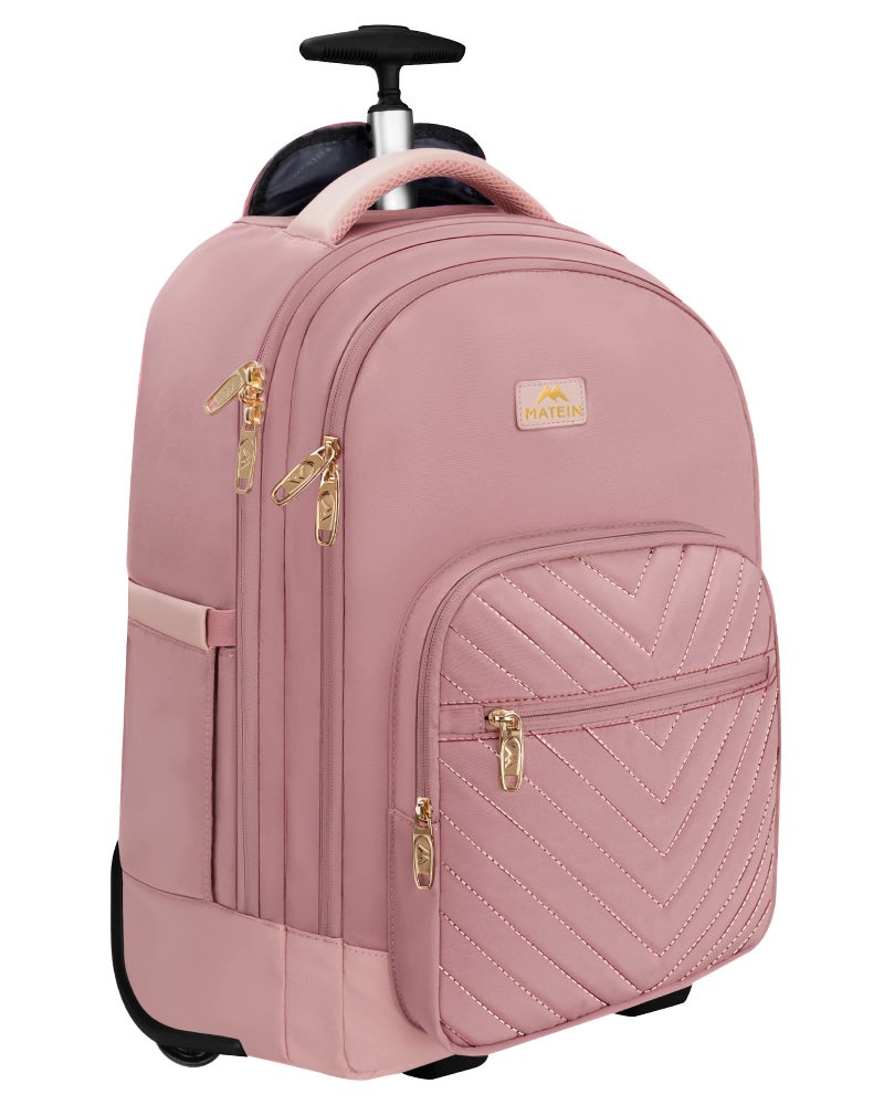 MATEIN Rolling Backpack for Women, 17 Inch Travel Laptop Backpacks with Wheels, Large Carry On Business Luggage Roller Backpack, Waterproof Trolley Suitcase Overnight College Work Computer Bag, Pink - Image 1