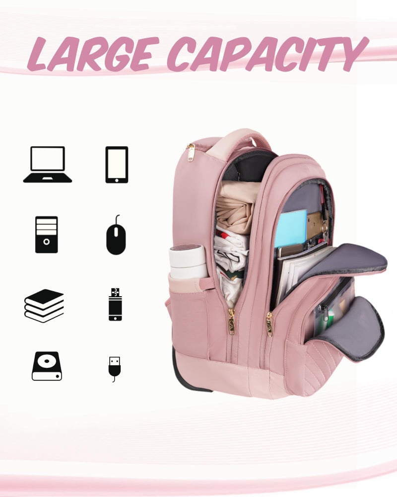 MATEIN Rolling Backpack for Women, 17 Inch Travel Laptop Backpacks with Wheels, Large Carry On Business Luggage Roller Backpack, Waterproof Trolley Suitcase Overnight College Work Computer Bag, Pink - Image 3