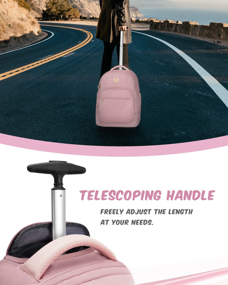 MATEIN Rolling Backpack for Women, 17 Inch Travel Laptop Backpacks with Wheels, Large Carry On Business Luggage Roller Backpack, Waterproof Trolley Suitcase Overnight College Work Computer Bag, Pink - Image 5