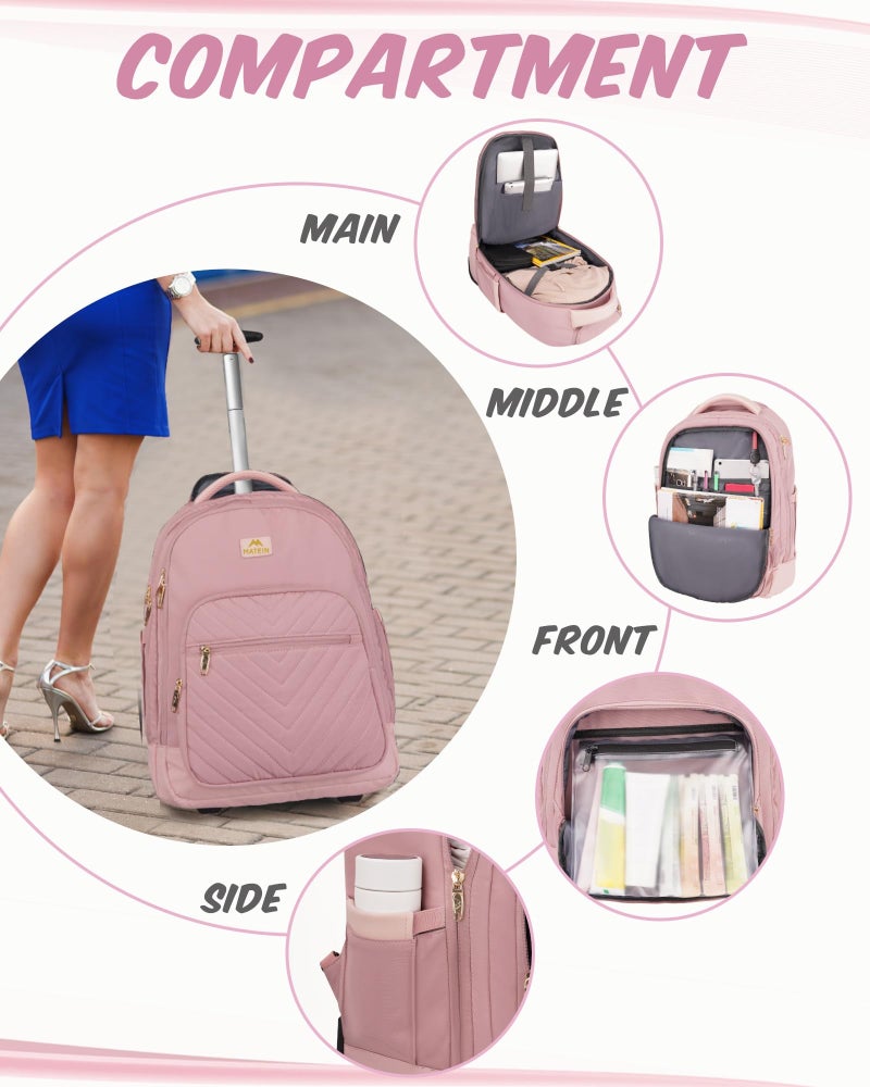 MATEIN Rolling Backpack for Women, 17 Inch Travel Laptop Backpacks with Wheels, Large Carry On Business Luggage Roller Backpack, Waterproof Trolley Suitcase Overnight College Work Computer Bag, Pink - Image 4