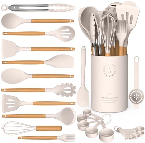 AVGPD Silicone Cooking Utensils Set - Silicone Kitchen Utensils for Cooking Wooden Handles, 446°F Heat Resistant Kitchen Utensil Spatula Sets w Holder, Gadgets for Non-Stick Cookware BPA FREE (Khaki) - Image 1