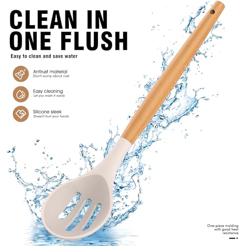 AVGPD Silicone Cooking Utensils Set - Silicone Kitchen Utensils for Cooking Wooden Handles, 446°F Heat Resistant Kitchen Utensil Spatula Sets w Holder, Gadgets for Non-Stick Cookware BPA FREE (Khaki) - Image 5