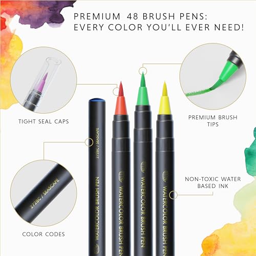 DOODLE HOG 48 Premium Watercolor Pens +2 Highly Blendable Markers, Real Brush Tip Watercolor Markers, Art Supplies for Adults, 48 Colors Gift Box - Image 3