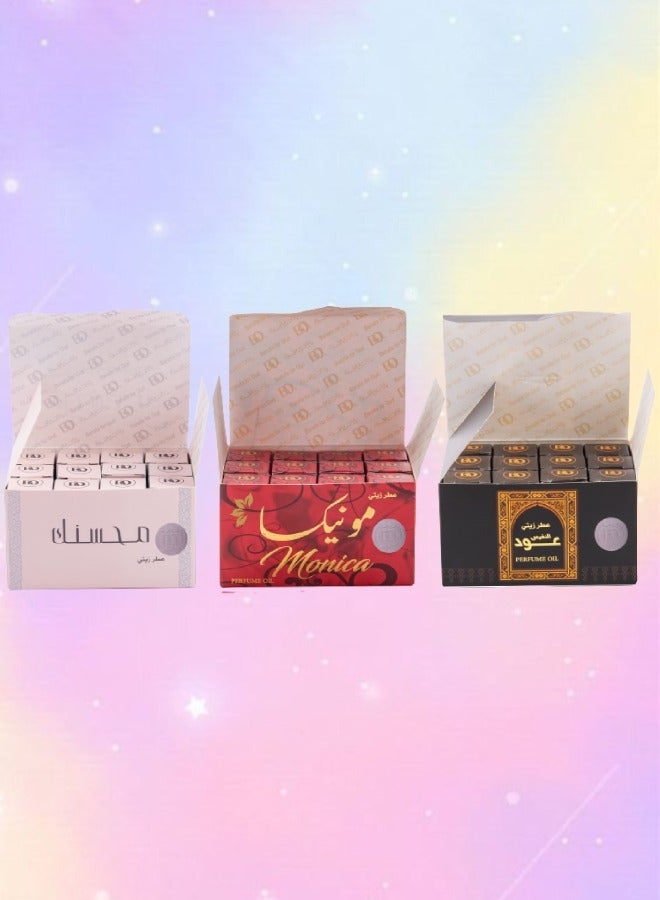 بانافع 12 قطع عطر زيتي محسنك و 12 قطع مونيكا و 12 قطع عود النفيس 3 مل