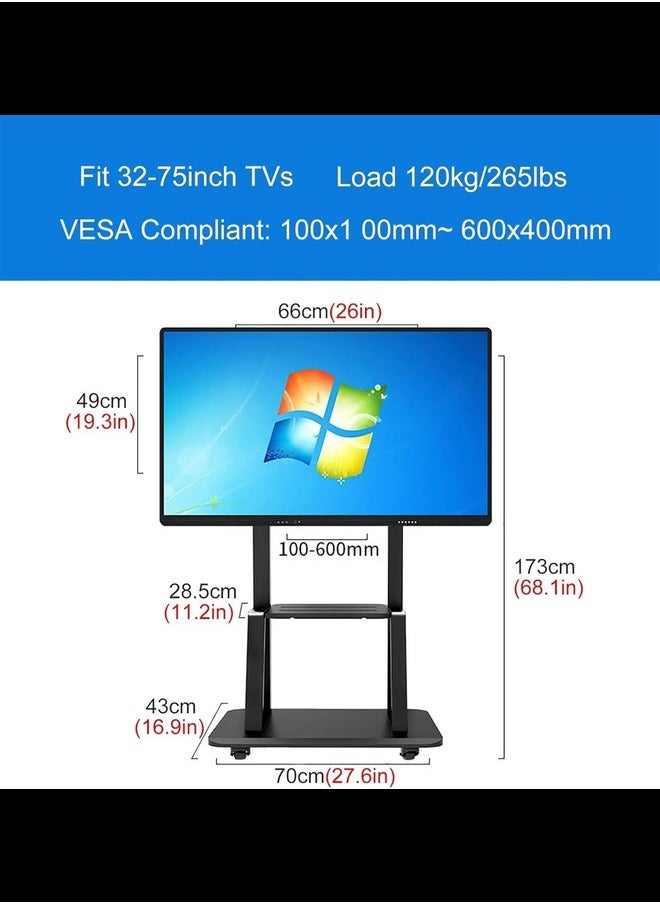 Generic - Universal Mobile TV Floor Stand/Cart, TVs 32-75inch LCD LED OLED Plasma Flat Panel or Curved Screen, TV Display Stand Trolley on Wheels, Load 120kg - Image 1