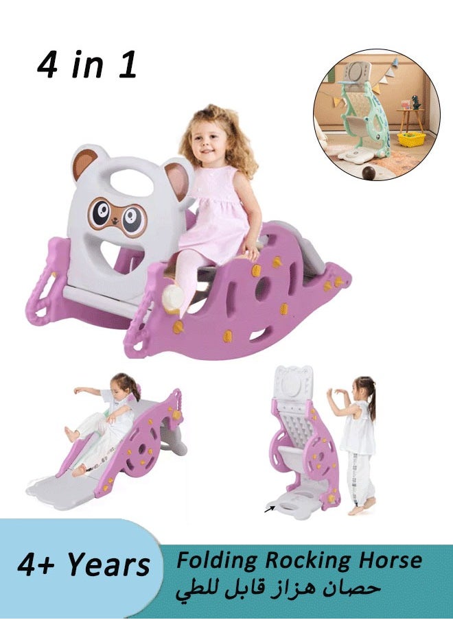 4 in 1 Toddler Slide Rocking Toy, Slide for Kids with Basketball Hoop , Multifunctional Folding Rocking Horse Kids Activity Center Climbing Slide Set Rocking Horse, Foldable Climber Playground Slide for Both Indoors Outdoor Use  (Pink)  - Image 1