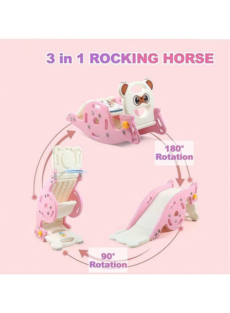 4 in 1 Toddler Slide Rocking Toy, Slide for Kids with Basketball Hoop , Multifunctional Folding Rocking Horse Kids Activity Center Climbing Slide Set Rocking Horse, Slide for Kids with Detachable Stool, Basketball Hoop and Ring Game, Foldable Climber Playground Slide,for Both Indoors Outdoor Use(Pink) - Image 4