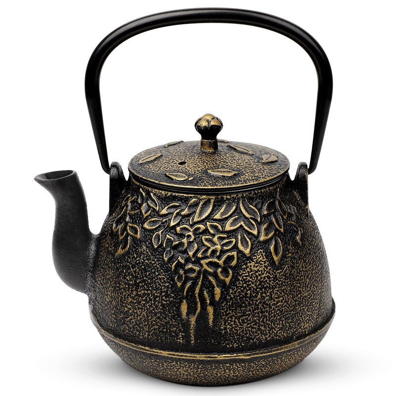Tea Kettle TOPTIER Japanese Cast Iron Tea Pot for Stove Top Cast Iron Teapot Humidifier for Wood Stove Leaf Design Tea Kettle Coated with Enameled Interior for 32 Ounce 950 ml Black