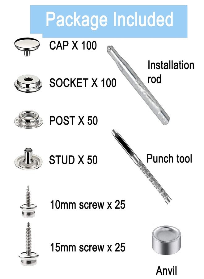 BetterJonny 350 Pieces Canvas Snap Kit, BetterJonny Stainless Steel Screws Snaps Marine Grade Canvas Upholstery Boat Snaps Fastener Press Stud Cap with 3 Setting Tools Material Hole Punch for DIY Cover Leather - Image 2
