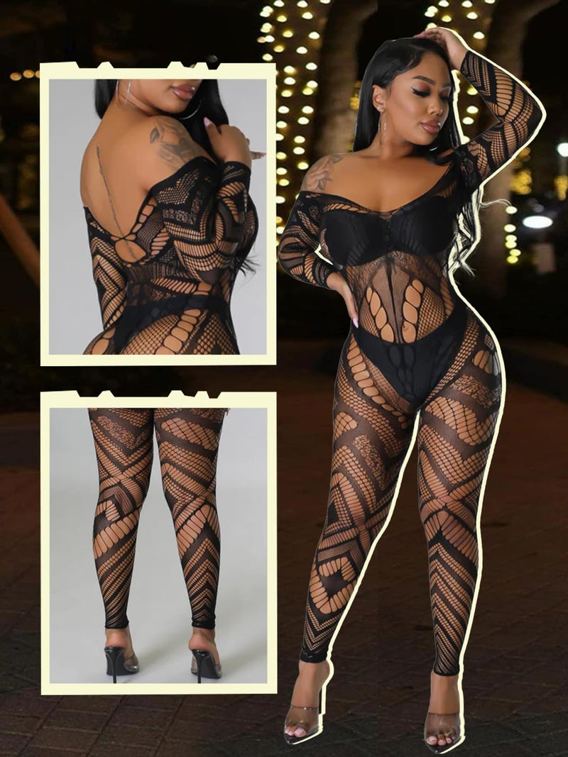 Buitifo Womens Fishnet Bodystocking Plus Size Crotchless Bodysuit Sexy Tights Soft Nightwear Lingerie (Black DZJ,M) - Image 2