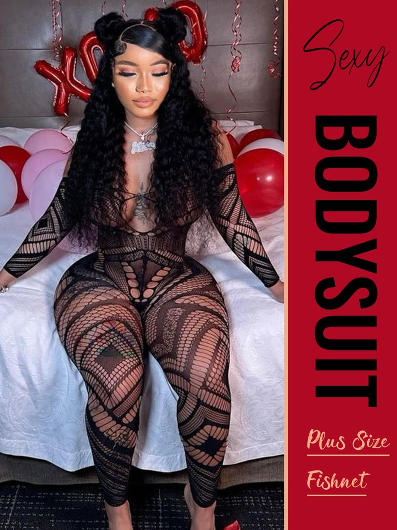 Buitifo Womens Fishnet Bodystocking Plus Size Crotchless Bodysuit Sexy Tights Soft Nightwear Lingerie (Black DZJ,M) - Image 3