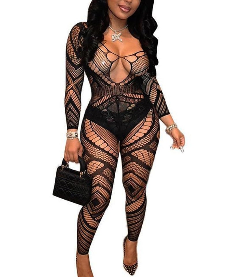 Buitifo Womens Fishnet Bodystocking Plus Size Crotchless Bodysuit Sexy Tights Soft Nightwear Lingerie (Black DZJ,M) - Image 1
