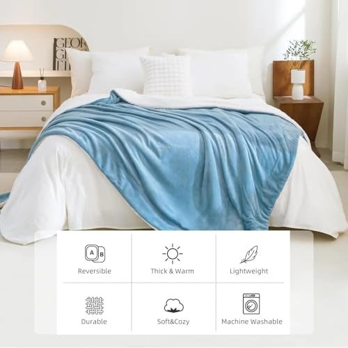 Goyal's Ultra Soft Flannel Sherpa Blanket for AC Room, Mild & Heavy Winter Use | Double Bed Reversible Plush 500GSM Blanket 85 x 90 Inches | Thick Warm Cozy Dual Layer Microfibre Throw - Ice Blue - Image 5