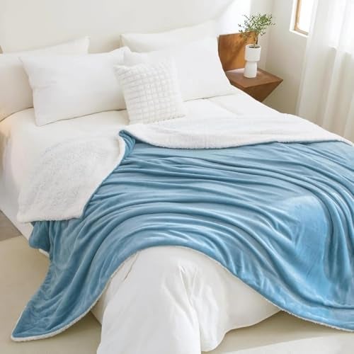 Goyal's Ultra Soft Flannel Sherpa Blanket for AC Room, Mild & Heavy Winter Use | Double Bed Reversible Plush 500GSM Blanket 85 x 90 Inches | Thick Warm Cozy Dual Layer Microfibre Throw - Ice Blue - Image 2