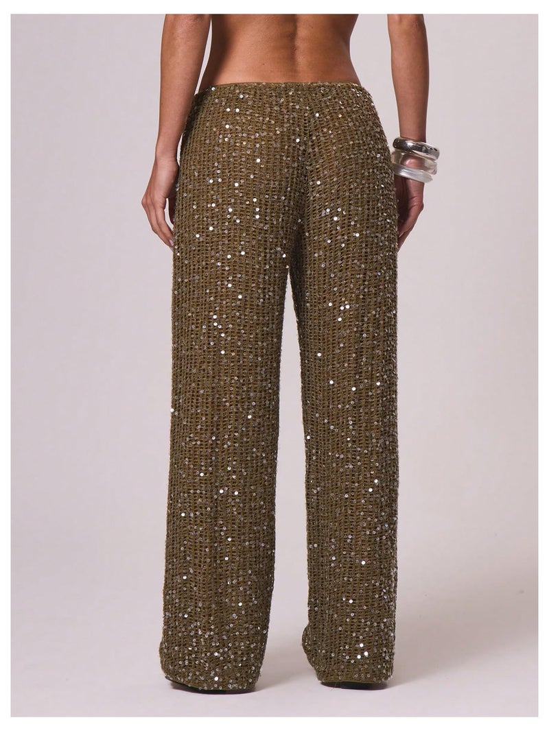 WDIRARA Women's Sequin Crochet Cover Up Pants Hollow Out Beach Pants Swimwear Brown Medium - Image 2