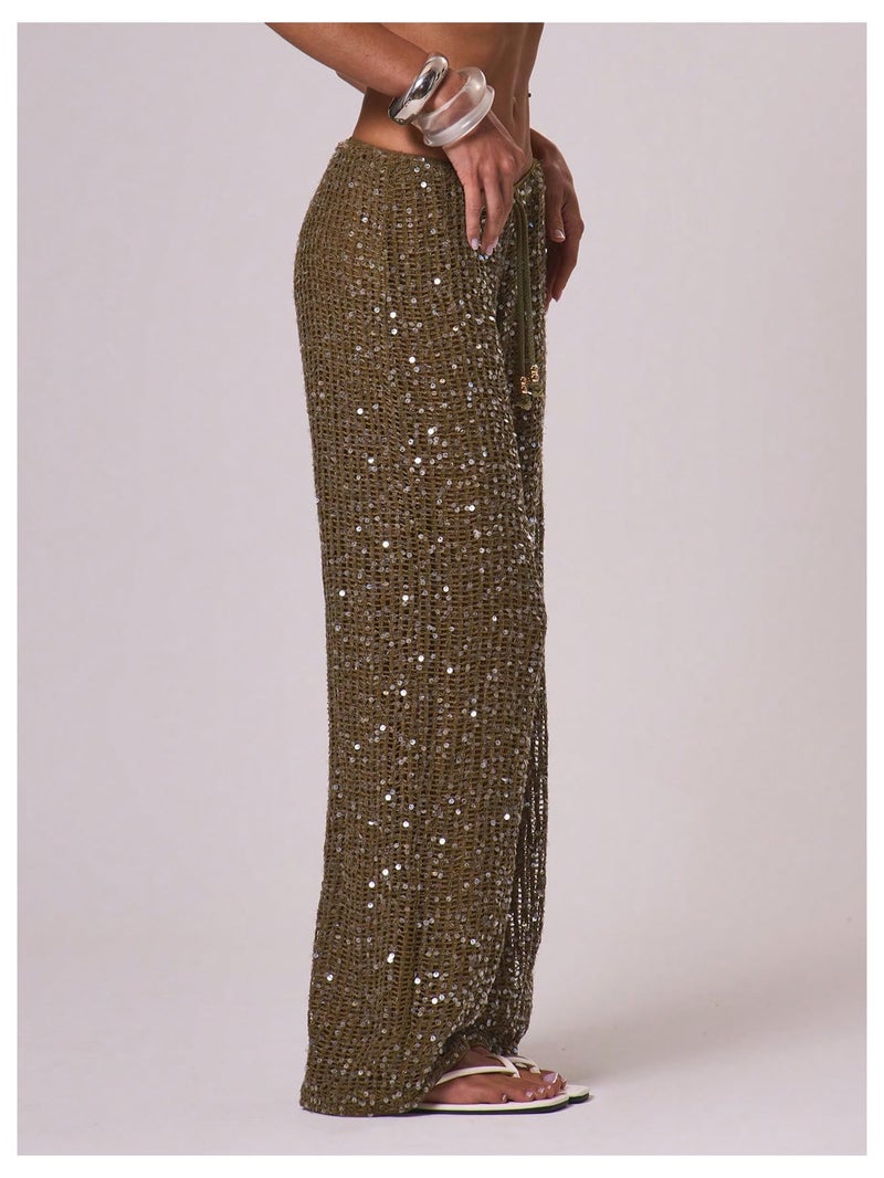 WDIRARA Women's Sequin Crochet Cover Up Pants Hollow Out Beach Pants Swimwear Brown Medium - Image 4
