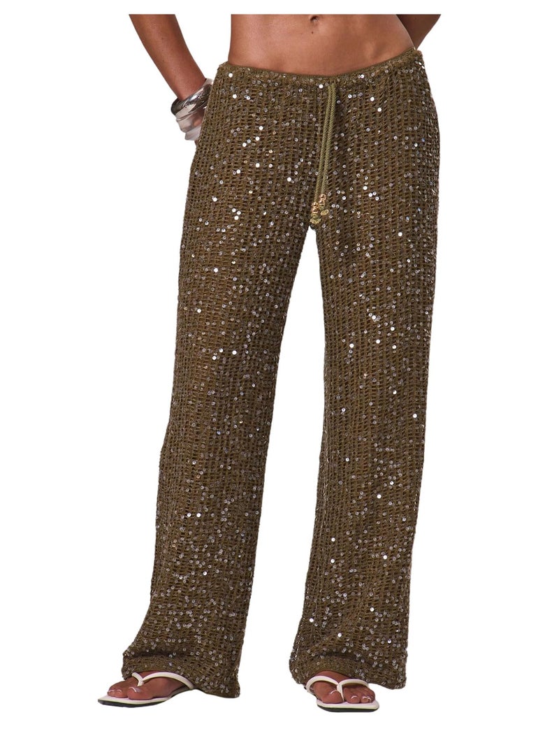 WDIRARA Women's Sequin Crochet Cover Up Pants Hollow Out Beach Pants Swimwear Brown Medium - Image 1
