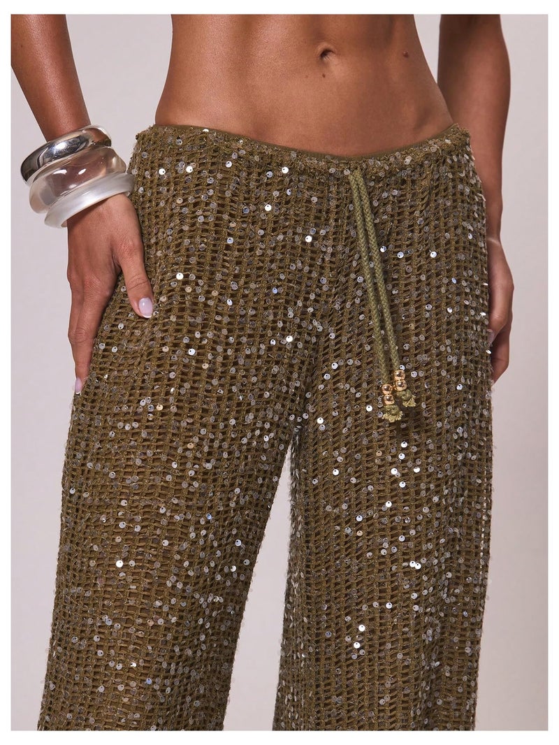 WDIRARA Women's Sequin Crochet Cover Up Pants Hollow Out Beach Pants Swimwear Brown Medium - Image 3