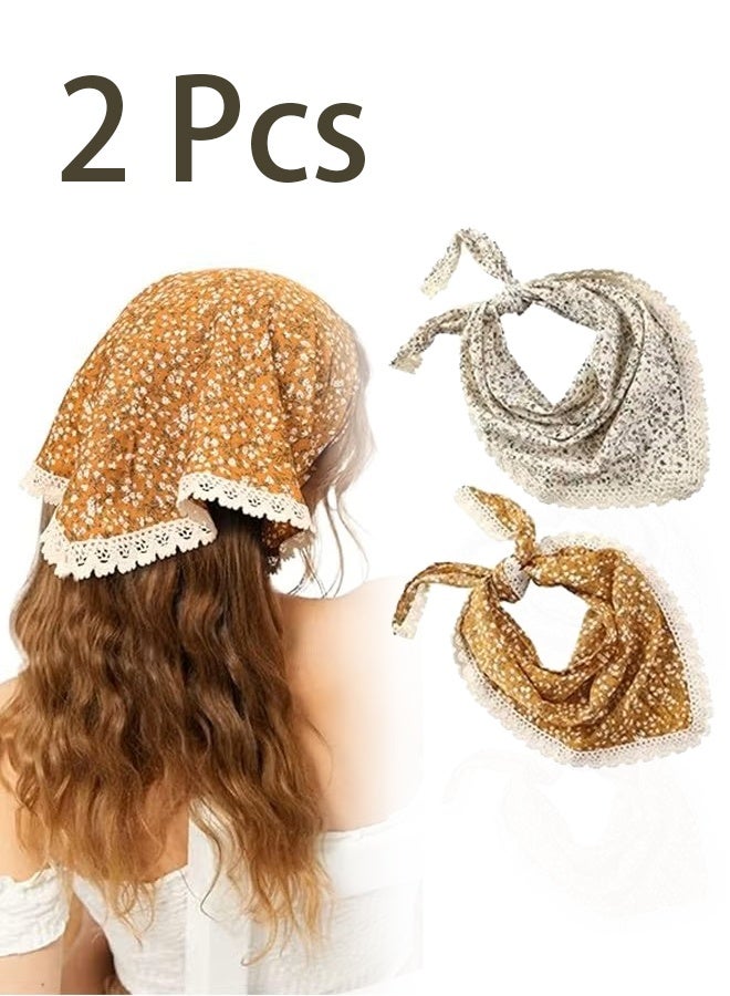 2 Pcs Floral Head Scarf, Hair Bandanas, Head Kerchief, Vintage Boho Hair Scarf, Chiffon Hair Scarf with Ties, Flower Mesh Lightweight Triangular Hair Scarves For Women Girls - Image 1