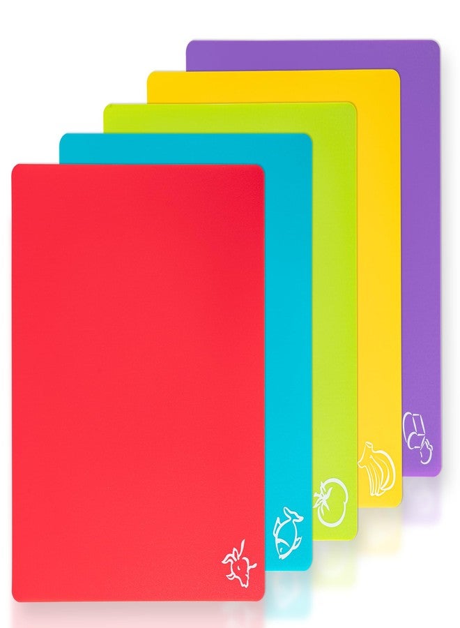 CADONO 5 Pieces Flexible Plastic Cutting Board Mats with Food Icons, BPA Free Cutting Boards for Kitchen, Non Slip Cutting Mat for Meat and Vegetables (Red, Bright Yellow, Light Green, Purple, Lake Blue) - Image 1