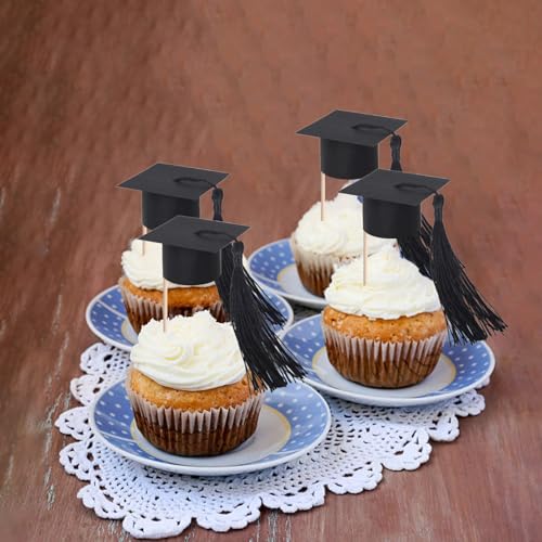 Rsstarxi 24 Pack 2025 Graduation Cap Cupcake Toppers with Tassel Class of 2025 Congrats Grad Cupcake Picks Mini Caps Party Decorations for 2025 Graduation Party Cake Decorations Supplies Black - Image 4
