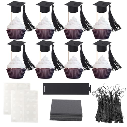 Rsstarxi 24 Pack 2025 Graduation Cap Cupcake Toppers with Tassel Class of 2025 Congrats Grad Cupcake Picks Mini Caps Party Decorations for 2025 Graduation Party Cake Decorations Supplies Black - Image 1