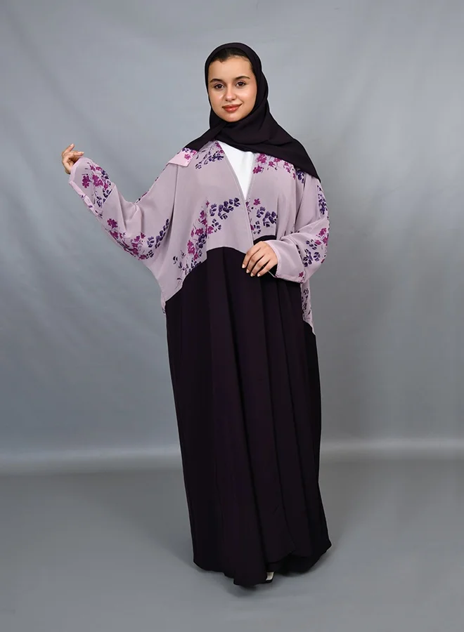 Hawraa Abaya Girls’ Dark Purple Abaya with Contrast Cut and Lavender Floral Print – Matching Hijab Included