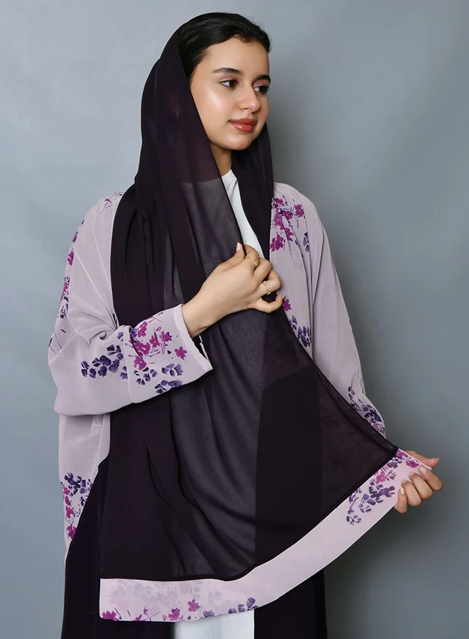 Hawraa Abaya Girls’ Dark Purple Abaya with Contrast Cut and Lavender Floral Print – Matching Hijab Included